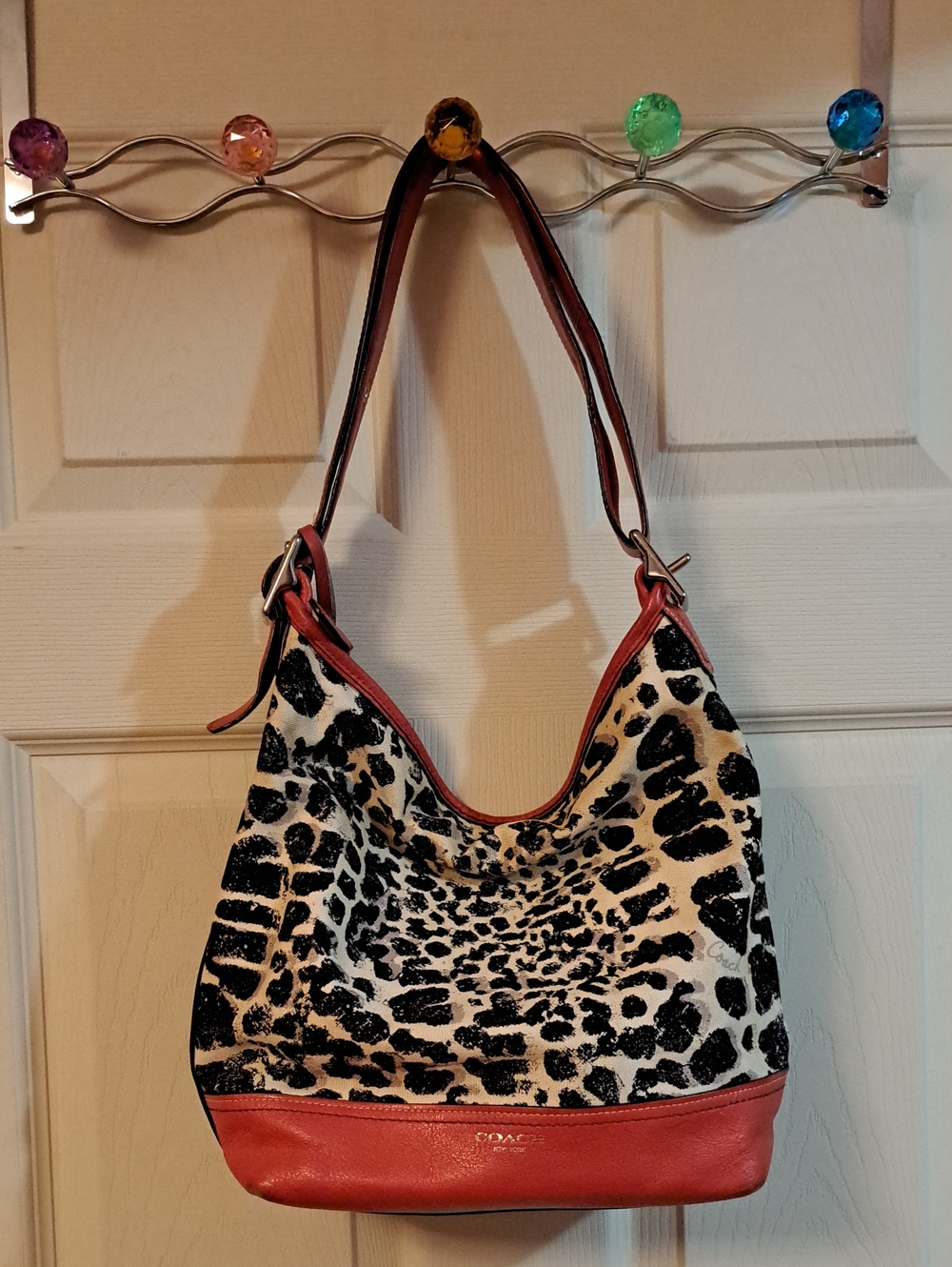 Coach Leopard-Print Leather Hobo in Black & Red